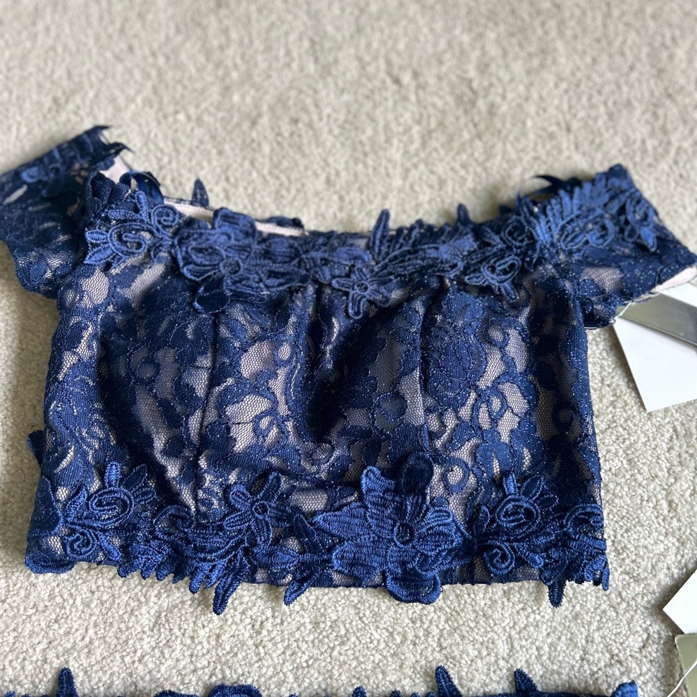 Size 1….. Blue Embellished Crop Lace Top with matching Skirt with high slit
